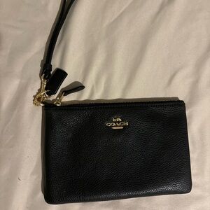 Coach Black Leather Wristlet with Gold Accents